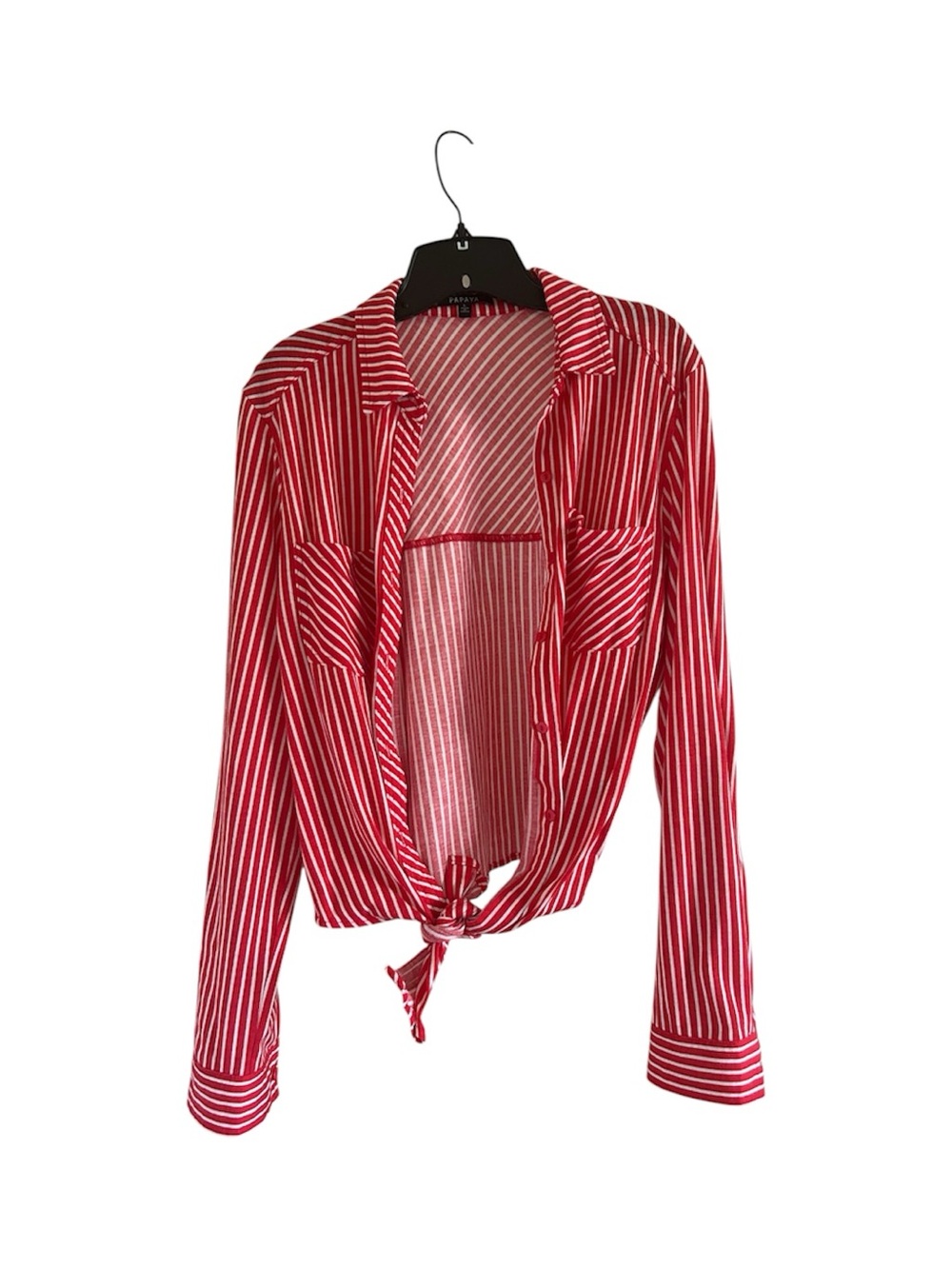 Papaya Striped Red and White Button-Down Tie Front Size Large Long Sleeve Shirt
